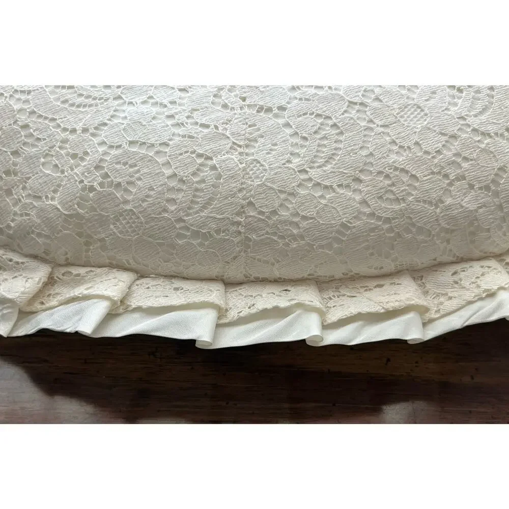Vintage Satin & Lace Ruffles Oval Ivory Throw Pillow 20x13 Romantic Boudoir